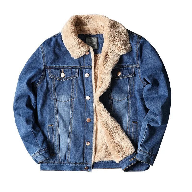 Men's blue fleece-lined denim jacket with patch pockets and cotton lining