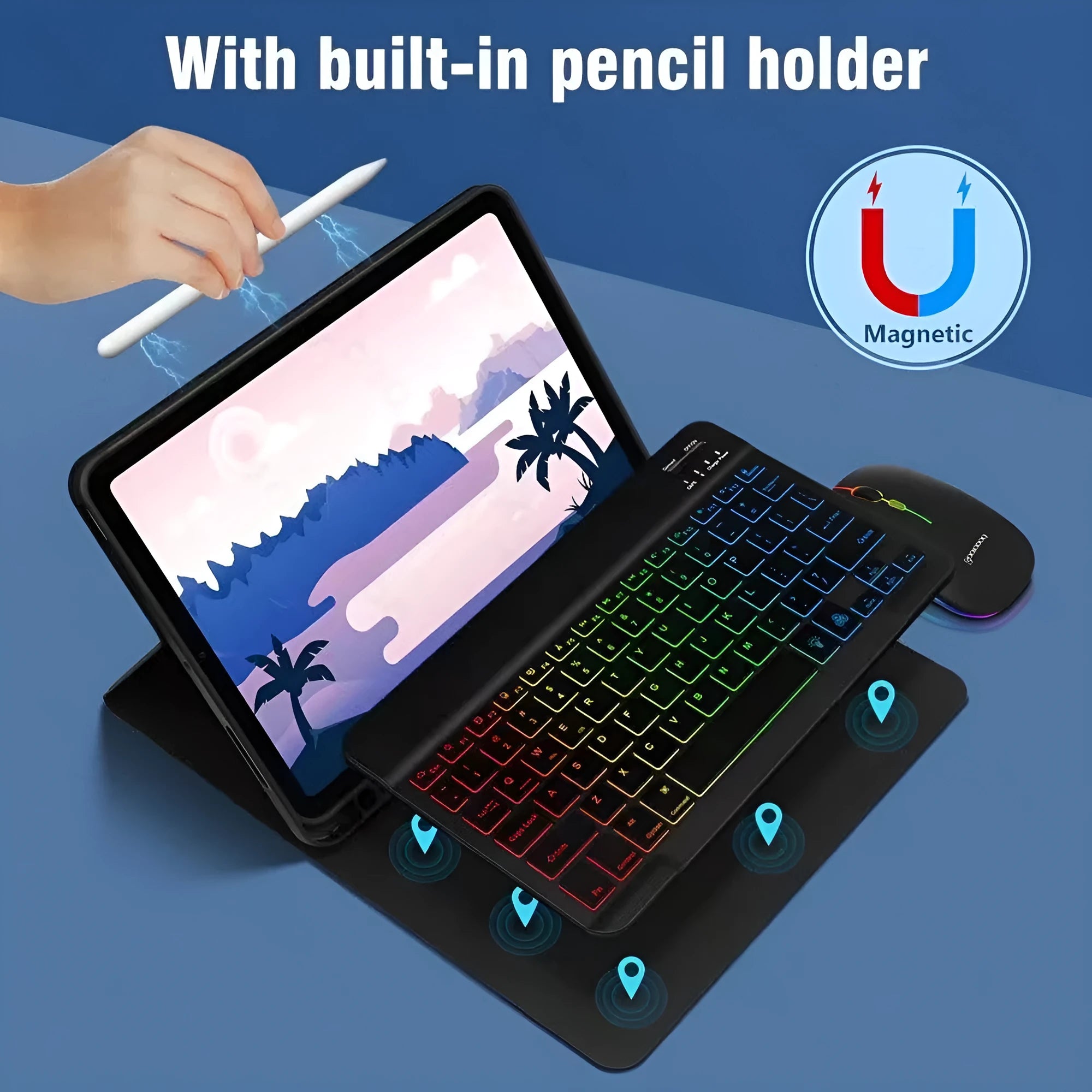 iPad in a colourful TPU leather case with a built-in luminous RGB backlit Bluetooth keyboard and stand open.