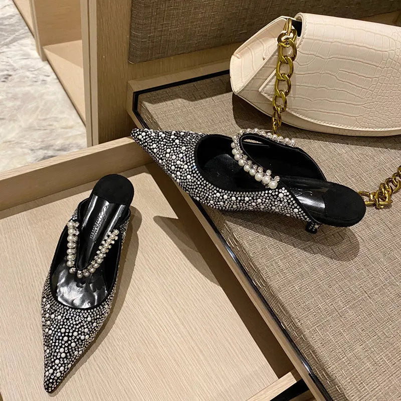 Spring new women's stiletto heel slippers in Korean style, pointed toe, apricot colour