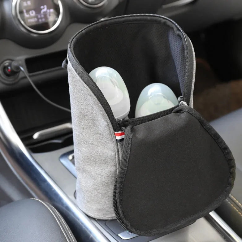 Grey Oxford cloth portable baby bottle warmer with car charger and electronic temperature display