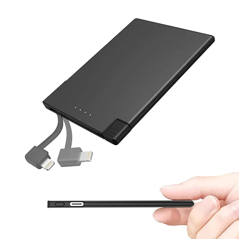 Ultra-thin black portable power bank with built-in cable, 2600mAh to 5000mAh, stainless steel PC TPE shell