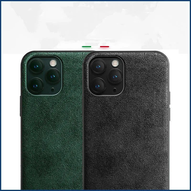 Suede full-cover back case for iPhone in elegant black, dark night green, and dark blue colour options.