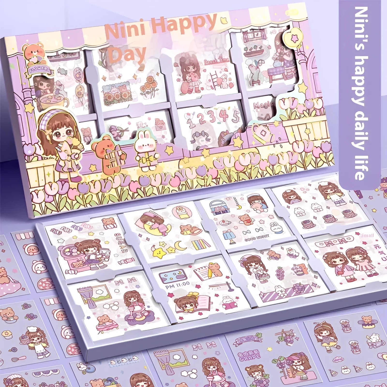 Children's themed sticker collection box with five printed adhesive designs