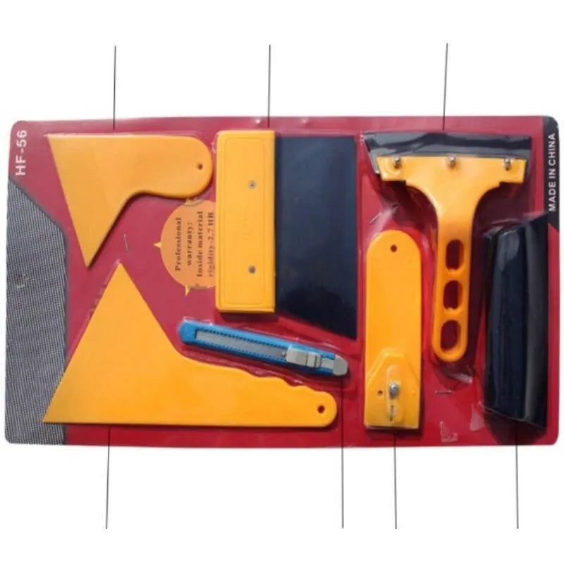 Seven-piece car film application tool set including scrapers, knives, and a pressing block on a white background.