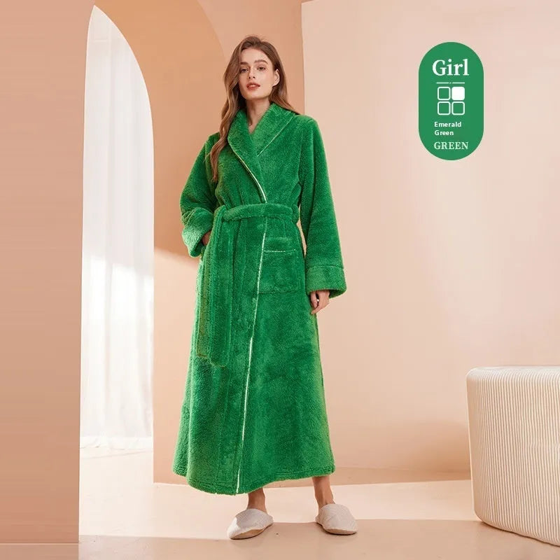Men's and women's thick flannel bathrobe couple set in winter colours with extended plus sizing