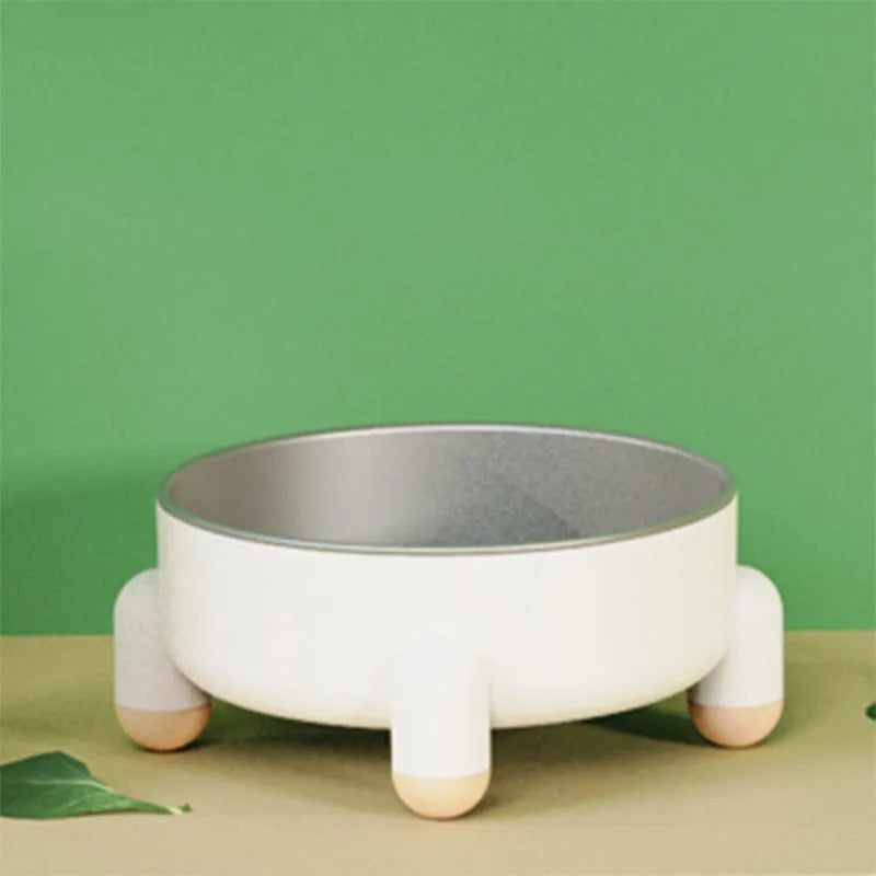 Non-slip stainless steel pet food bowl with high foot in green, pink, and white colour options