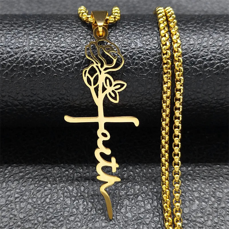 Cross rose necklace 18K gold with 925 silver pendant on stainless steel box chain 60cm length