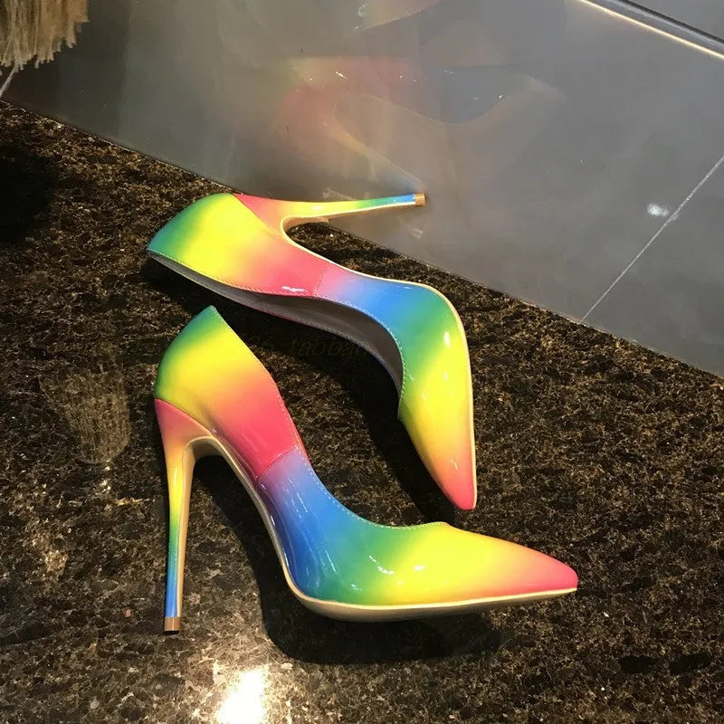 Rainbow patent leather super high heels with pointed toe and thin 10cm or 12cm heel options