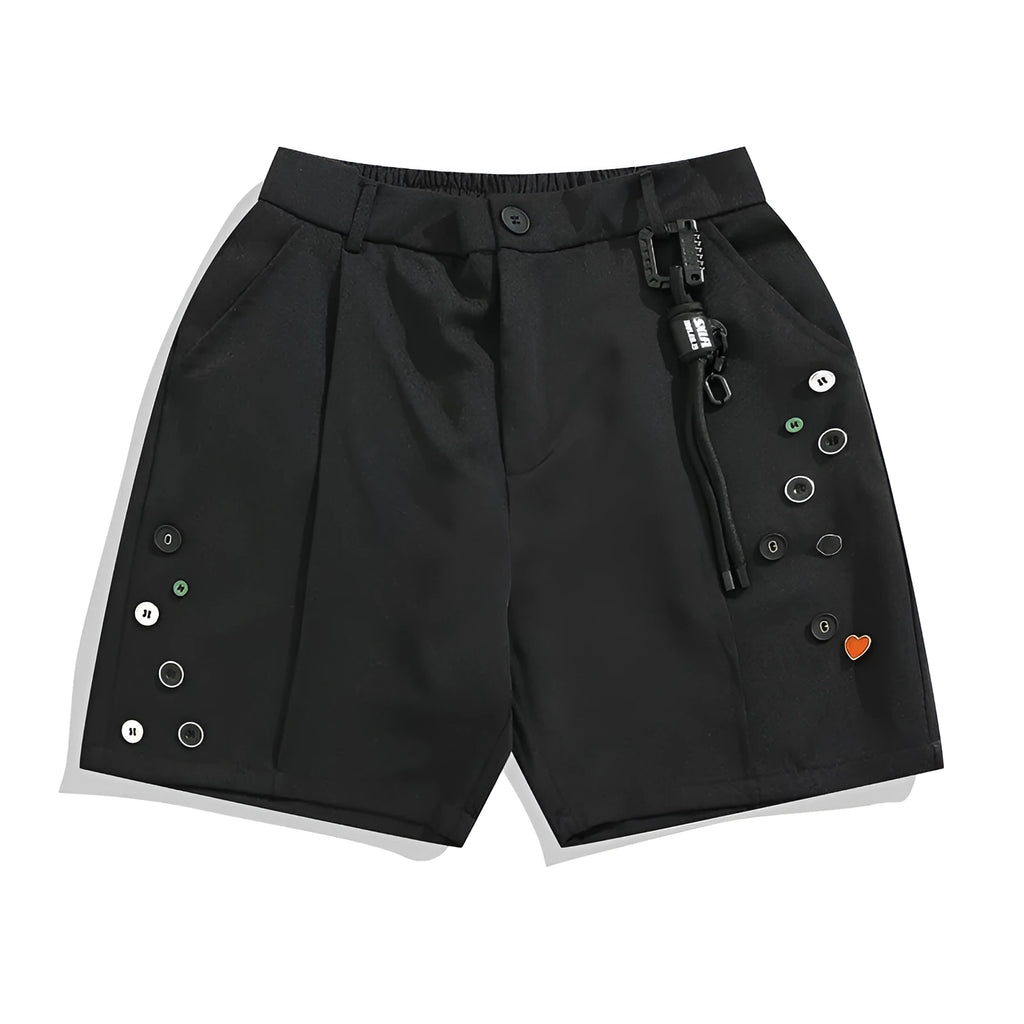 Black semi-elastic casual shorts with button and zip fly, loose straight-leg fit