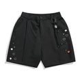 Black semi-elastic casual shorts with button and zip fly, loose straight-leg fit