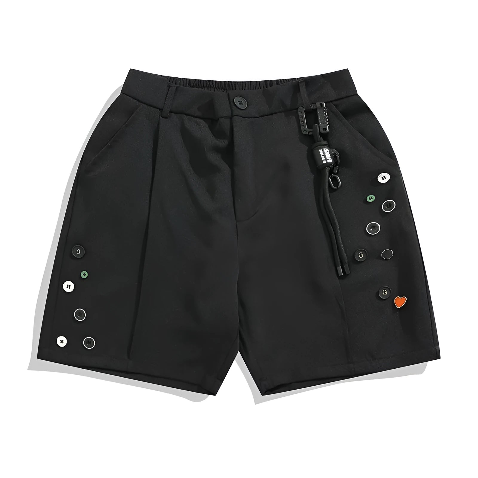 Black semi-elastic casual shorts with button and zip fly, loose straight-leg fit