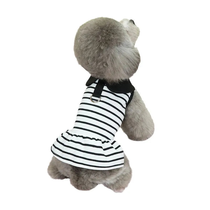 Pet dog wearing cotton t-shirt and striped skirt summer clothing set