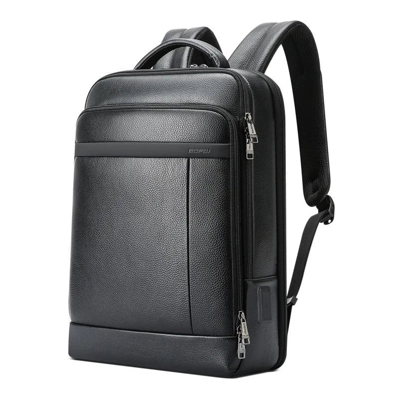 Black business leather backpack with USB charging port and curved shoulder straps
