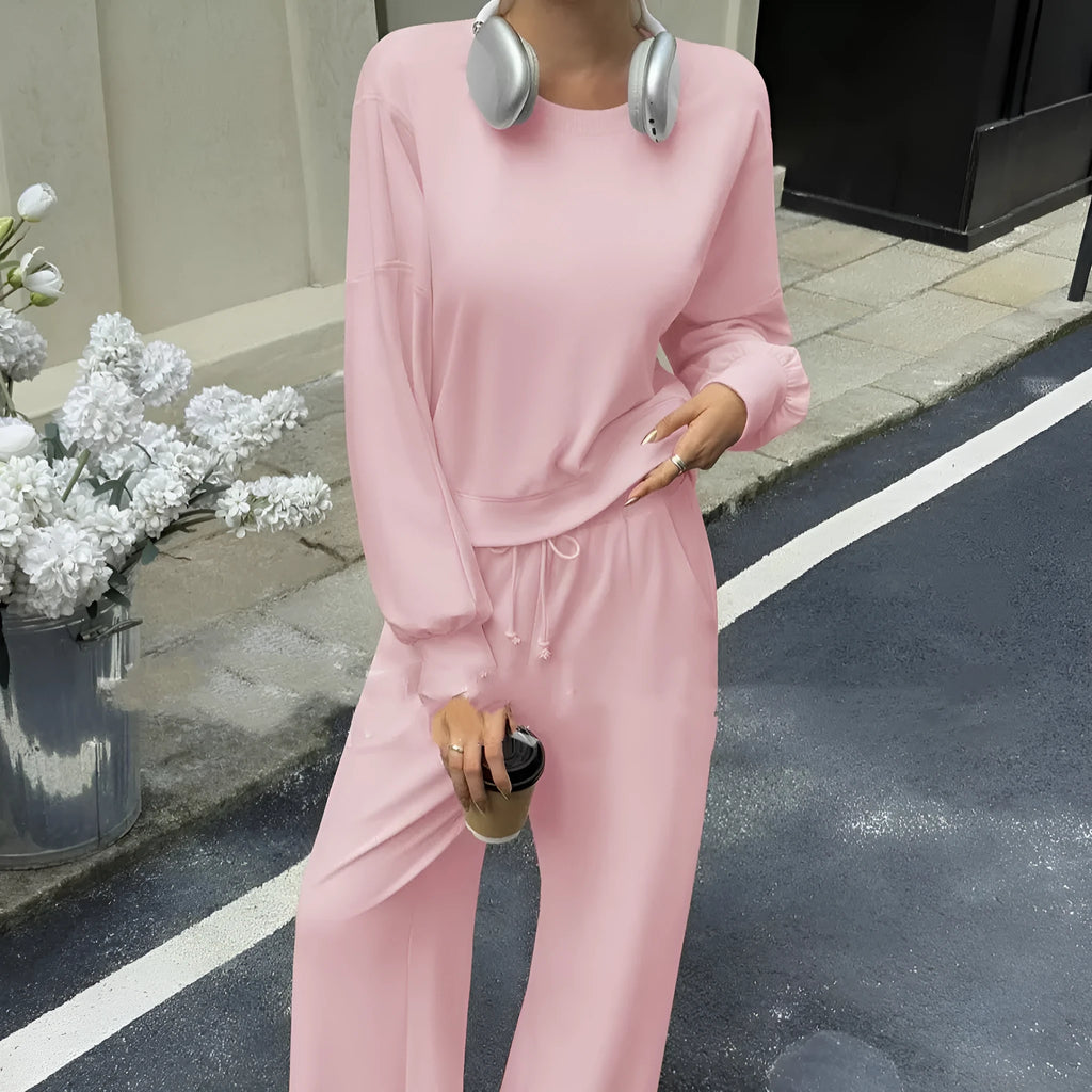 Women's solid colour polyester trousers two-piece set with long sleeves
