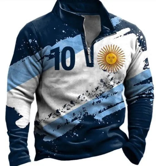 Men's long sleeve t-shirt with retro colour printing and striped zipper decoration on polyester bird eye cloth