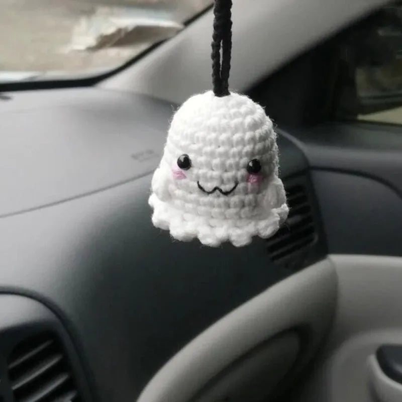 Plush hand-woven polyester automobile hanging ornament with cartoon style design on car dashboard