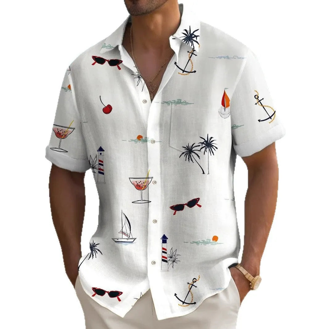 Man wearing a loose fit short sleeve Hawaiian shirt with a colourful digital print pattern.