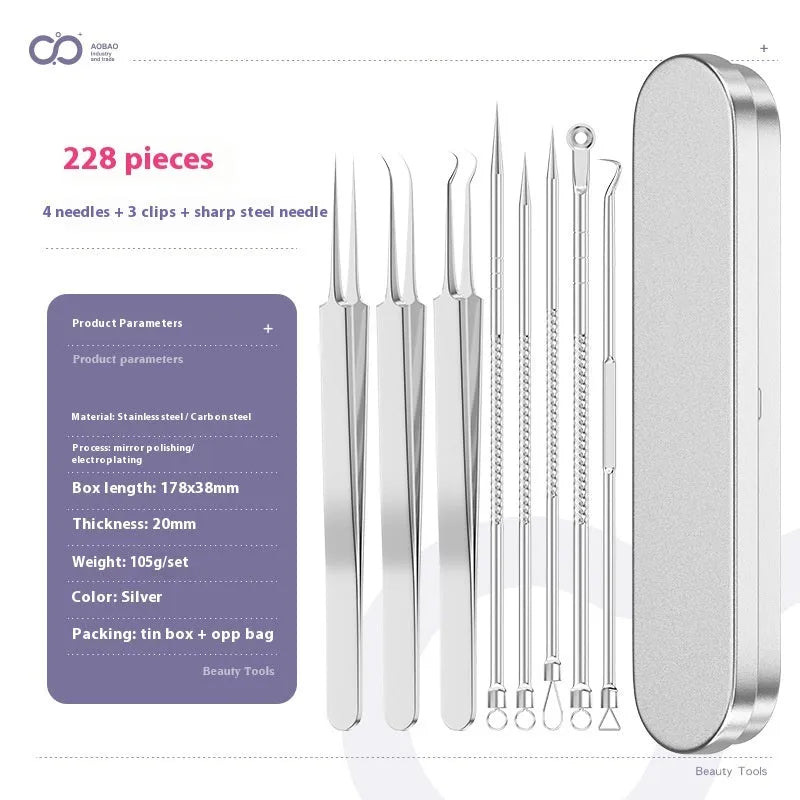 Four silver metal acne needles with ultra-fine pointed tips for skin treatment.
