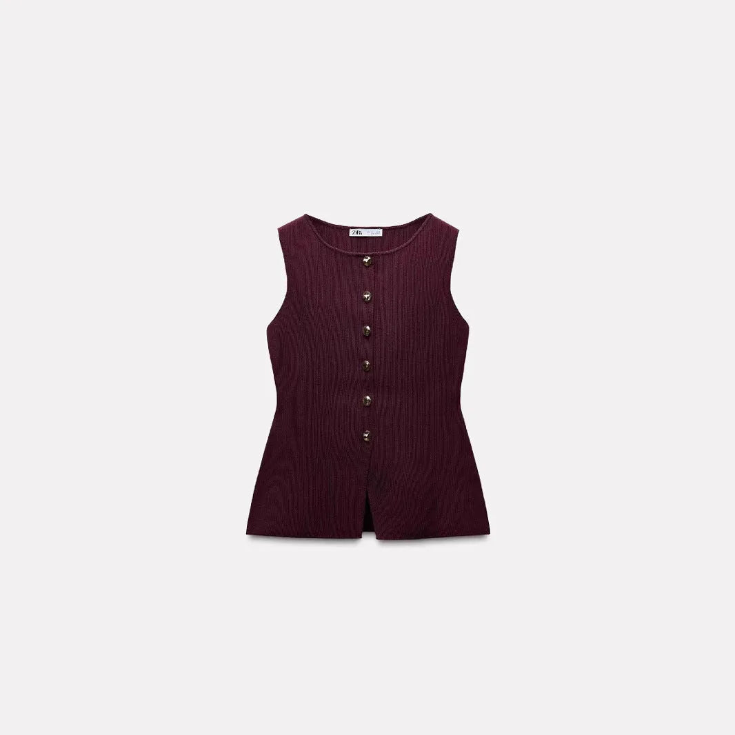 Women's dark red slim-fit sleeveless sweater vest with gold buttons and a 3D pattern on the fabric.