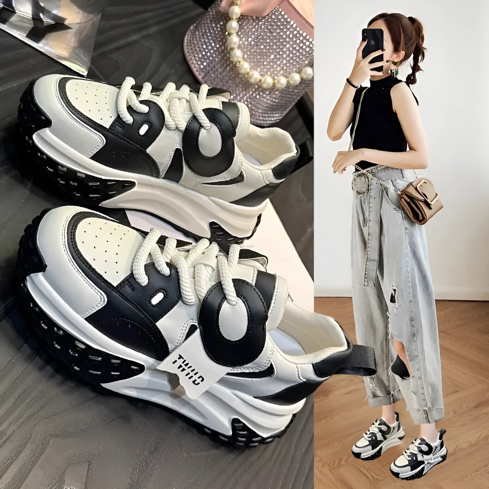 Leather sports casual shoes with thick sole and wedge heel in various colour options