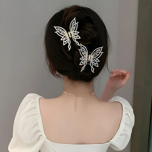 Alloy butterfly hair clip barrette for women in rhinestone or pearl style, 6.7x6.2 cm.