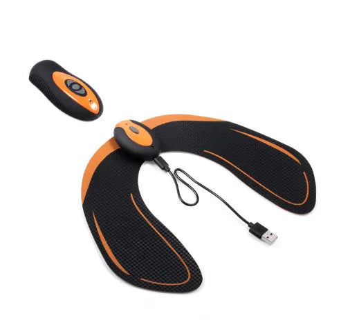 EMS hip muscle training stimulator with remote control and two gel pads in orange