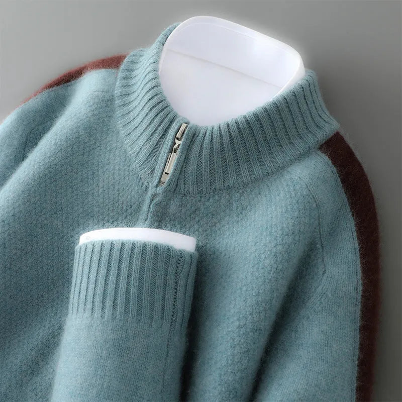 Sheep wool half-height zip knitted sweater in slim fit with round neck