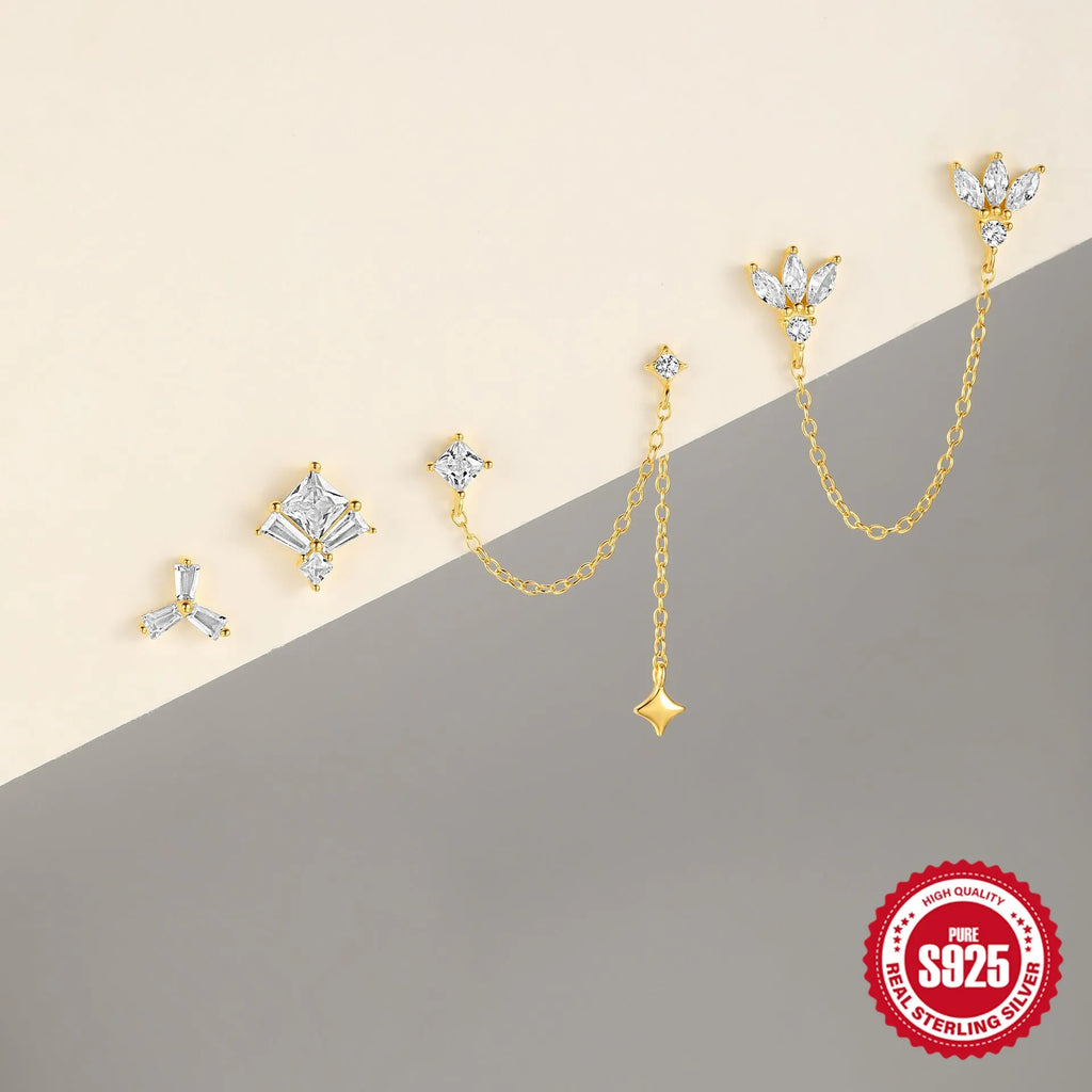 S925 sterling silver zircon geometric stud earrings with gold-plated finishes in clover, crown and chain designs