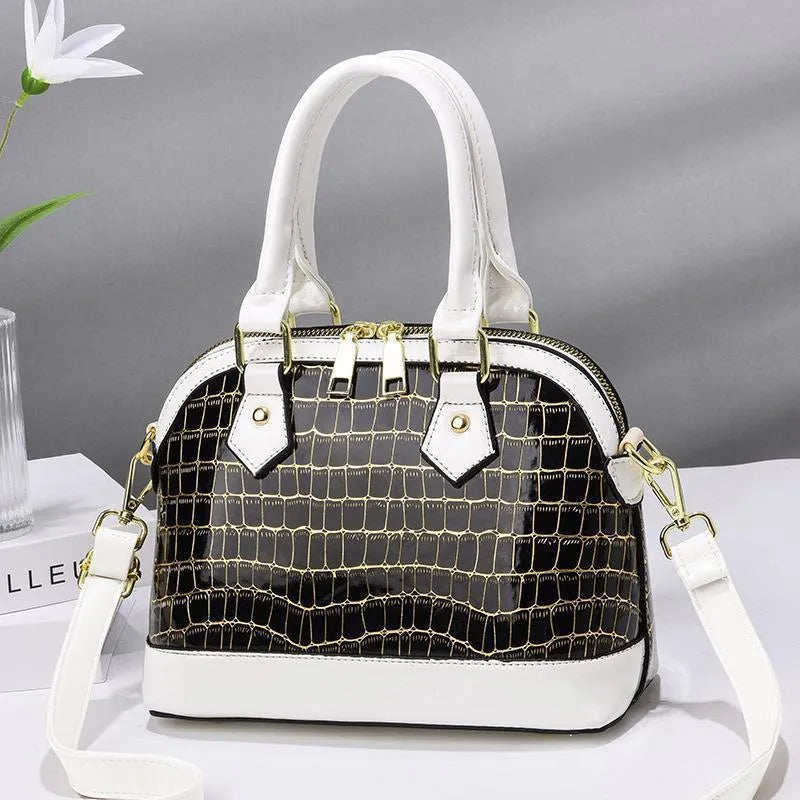 Women's shell-shaped PU top handle crossbody bag, solid colour, patent finish, metal accent, large size, zipper closure