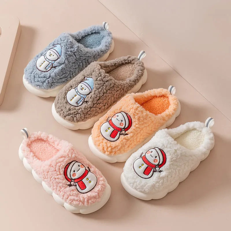 Cute snowman indoor slippers with soft plush upper and anti-slip sole, available in multiple colours