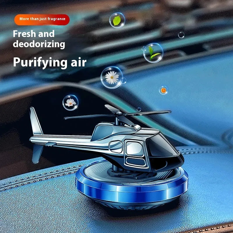 Solar-powered metal helicopter car air freshener ornament with rotating blades in three colour options