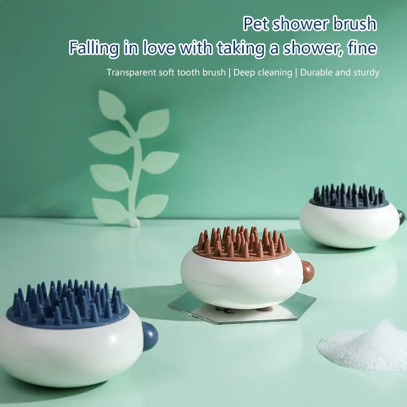 Panda-shaped silicone pet shower brush for bathing cats and dogs in blue.