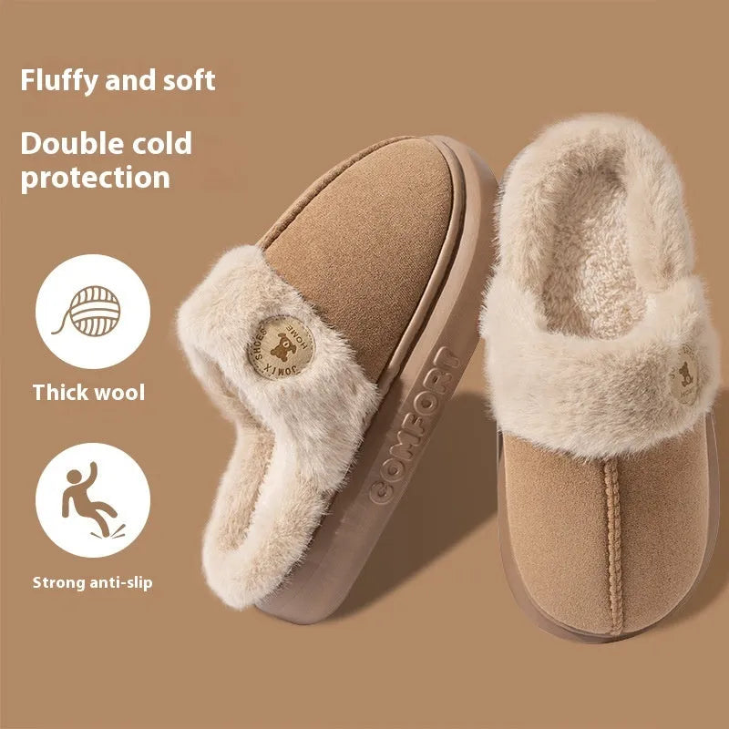 Pair of thick-soled fleece slippers in multiple colour options on a white background.