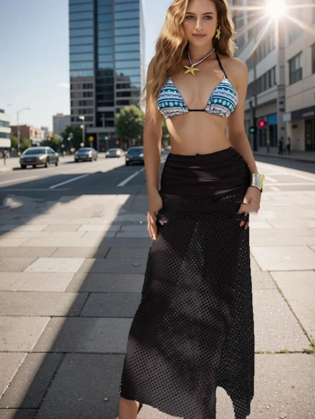 Women's brown bikini set with long fishnet skirt and gradient pattern