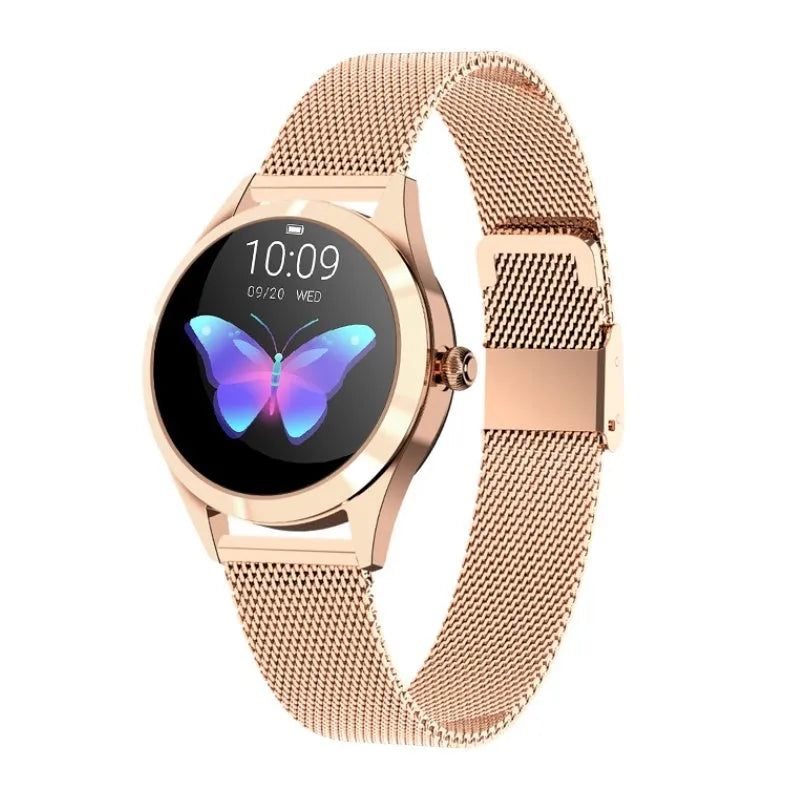 Women's multi-function smartwatch with heart rate monitor on wrist in black, rose gold, silver, or white.