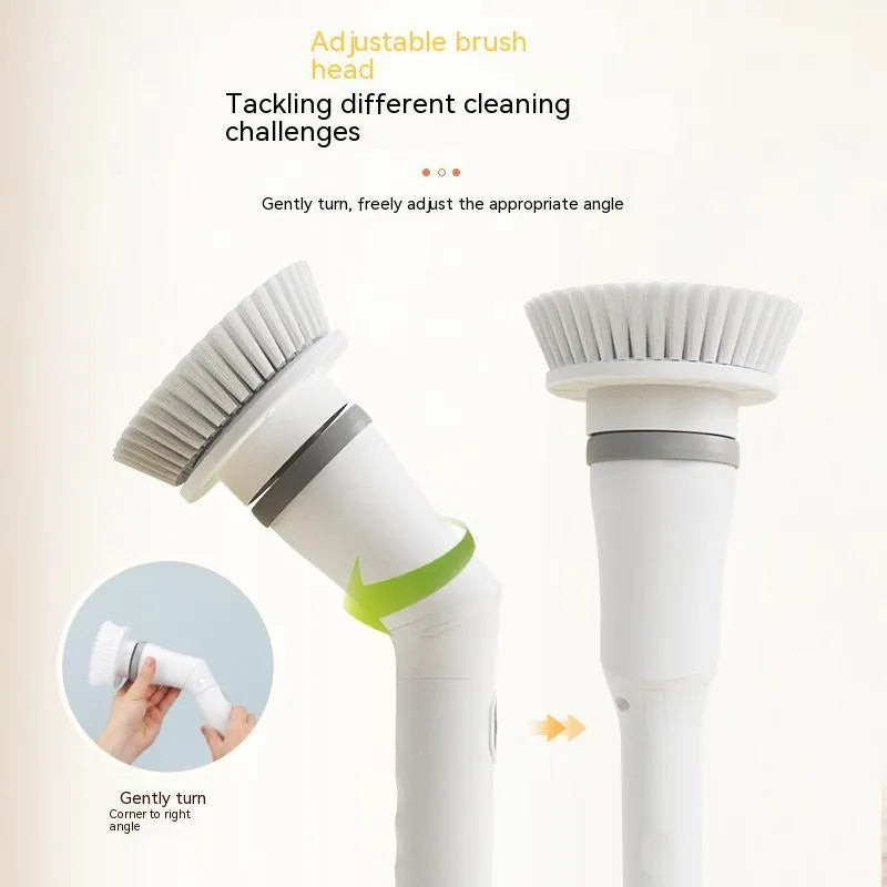 White electric scrubber cleaning brush with long telescopic handle and Type-C charging interface on a floor
