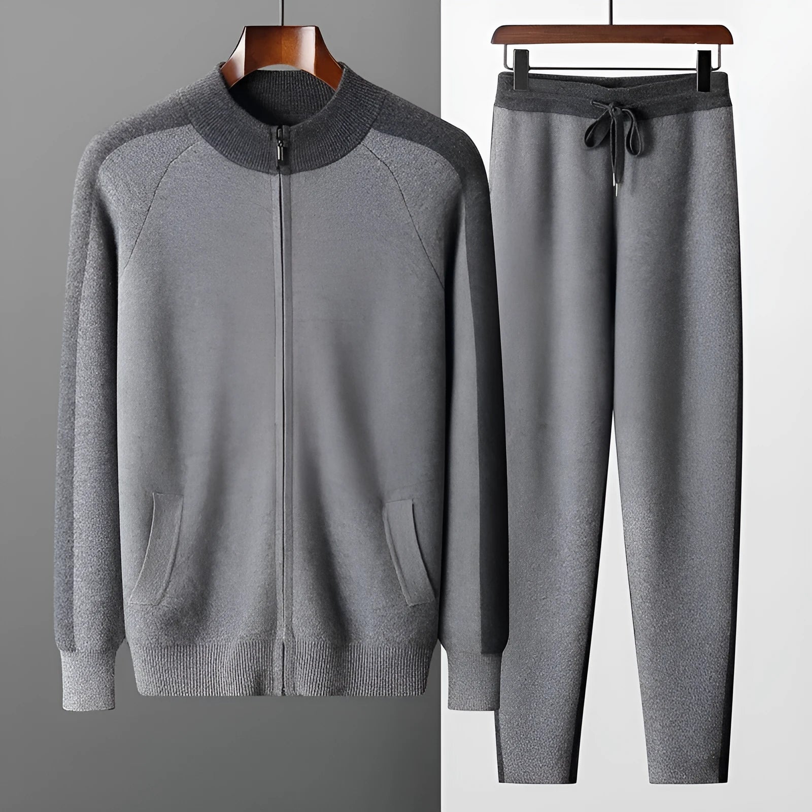 Men's cashmere wool blend cardigan suit with half turtleneck zipper top and matching trousers in winter sports style