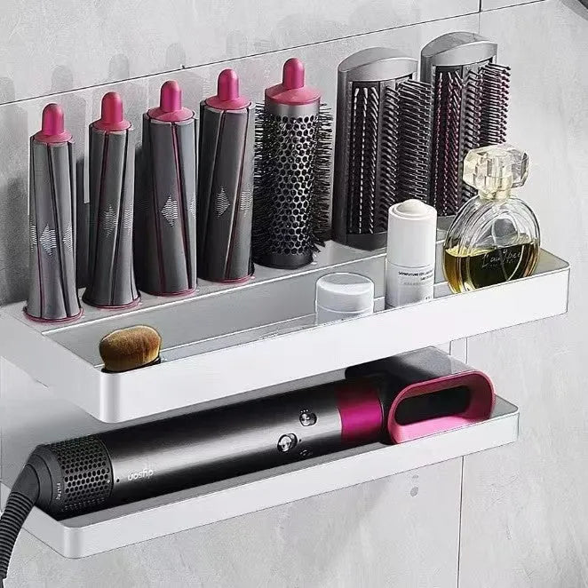 Aluminium punch-free bathroom storage rack holding 7 hair curlers in Marcel waver shape