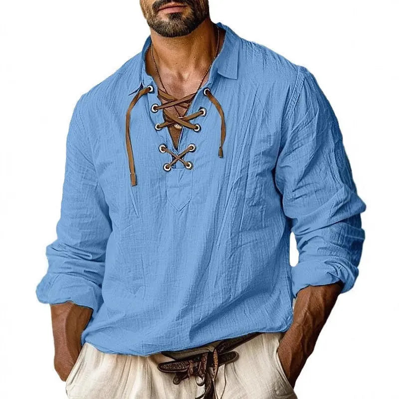 Men's loose fit linen blend shirt with lace detail on lapels, in solid blue colour.