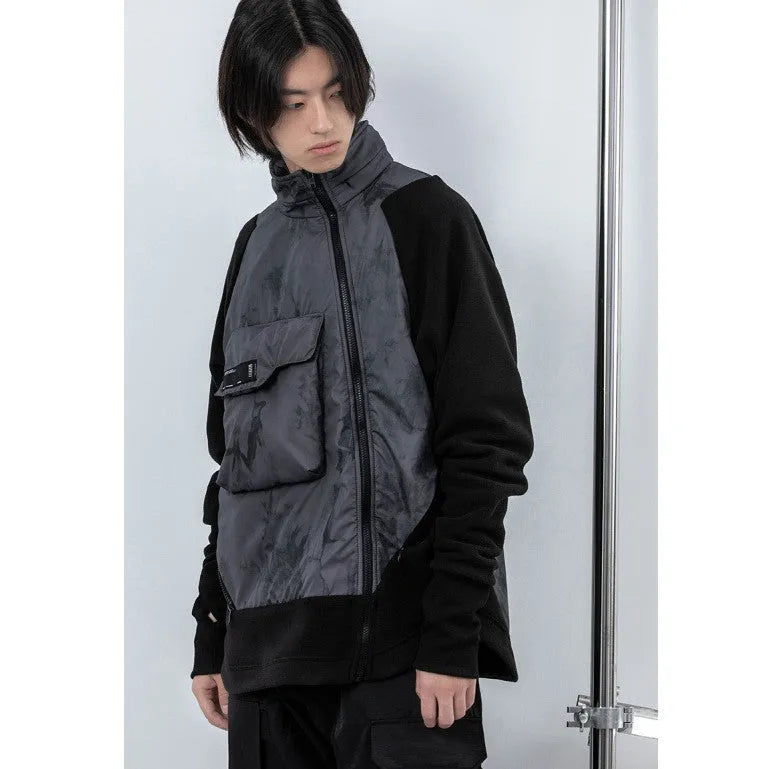 Men's black cotton fleece jacket with hood and trend stitching, loose fit
