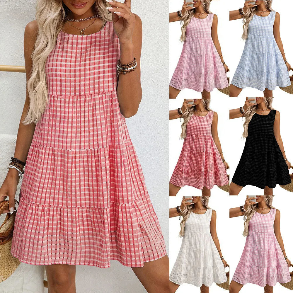 Women's light blue sleeveless plaid dress with oversized swing skirt on a hanger.
