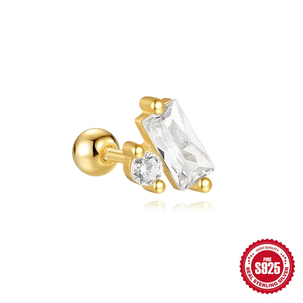 Close-up of S925 sterling silver square gravel flower stud earrings with a golden electroplated finish.