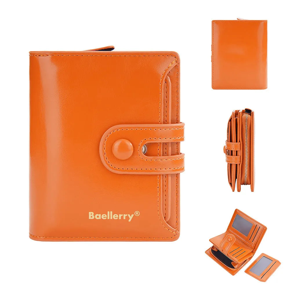 Women's PU leather card holder wallet shown in multiple colour options including black, pink, and blue.