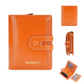 Women's PU leather card holder wallet shown in multiple colour options including black, pink, and blue.