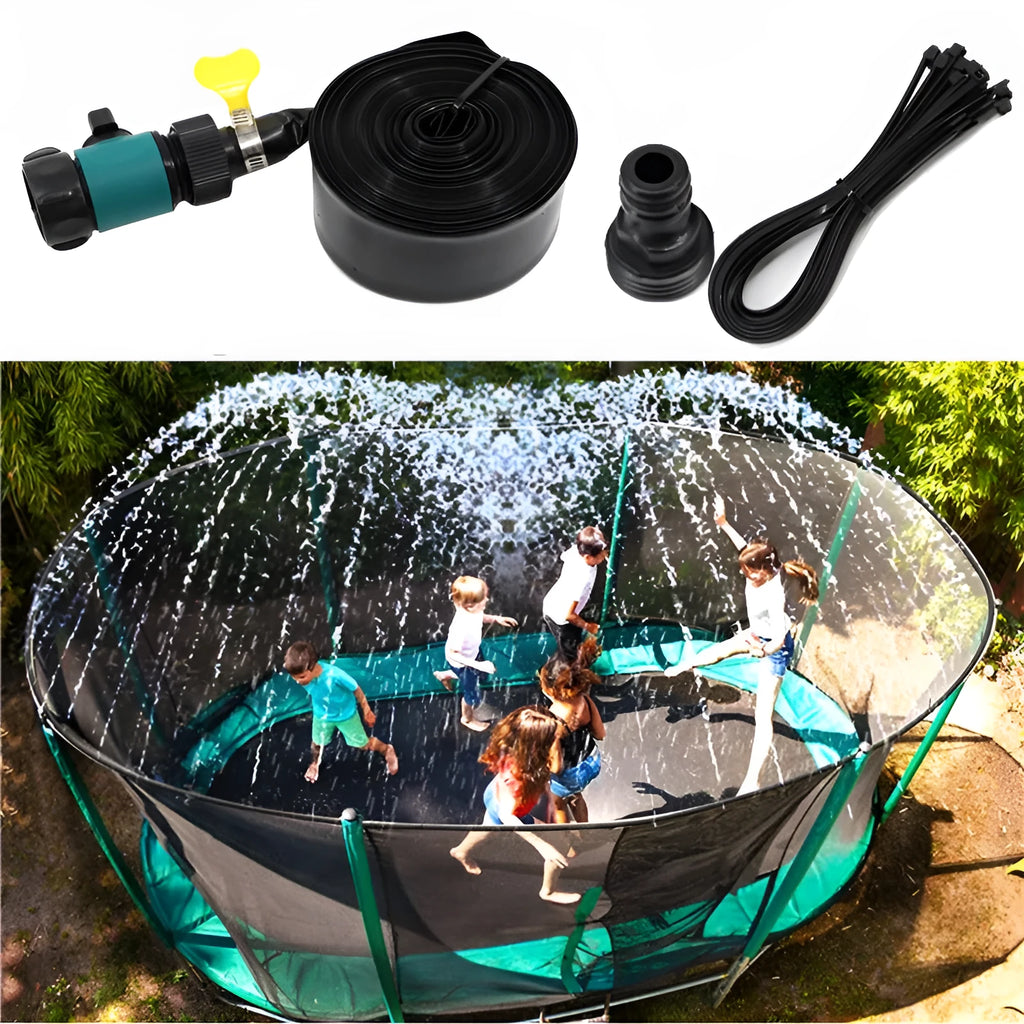 Blue portable garden sprinkler with solar water cooling system and PVC hose