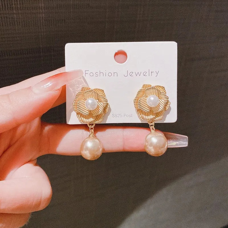Gold colour sterling silver electroplated flower stud earrings with needle rose pearl and opal stone accents