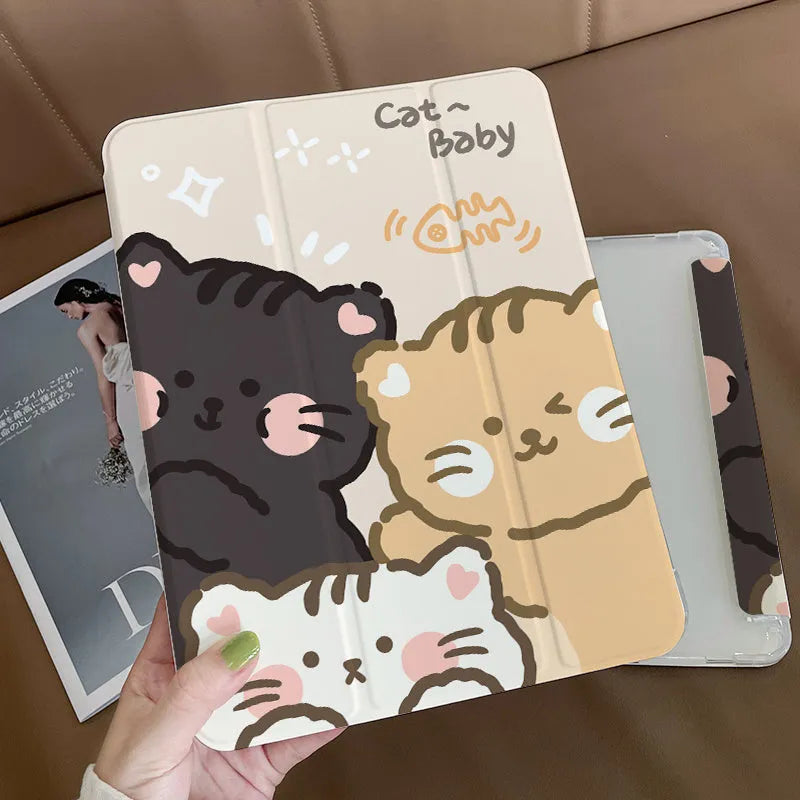 Silicone tri-fold iPad case with cartoon rabbit design shown protecting a tablet