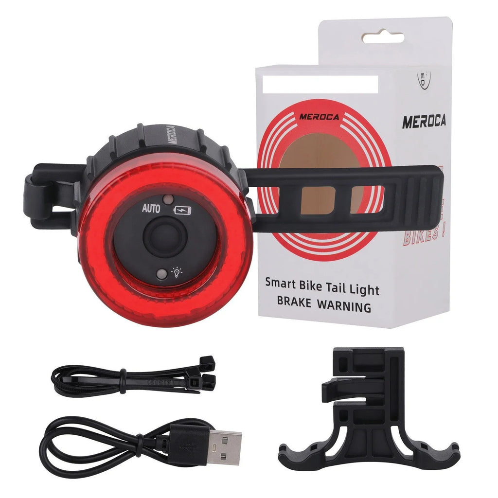 Black intelligent induction bicycle brake light with aluminium alloy construction and seat tube mounting bracket