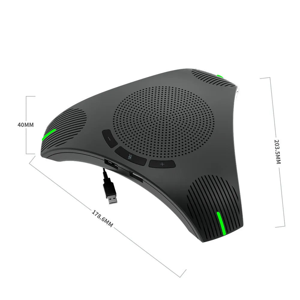 Wired USB plug-and-play microphone in black with compact desktop footprint, 5W power, 203.5x178.6x40mm dimensions