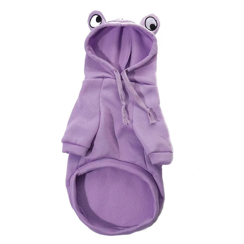 Green frog costume hoodie on a small dog, showing long sleeves and hood